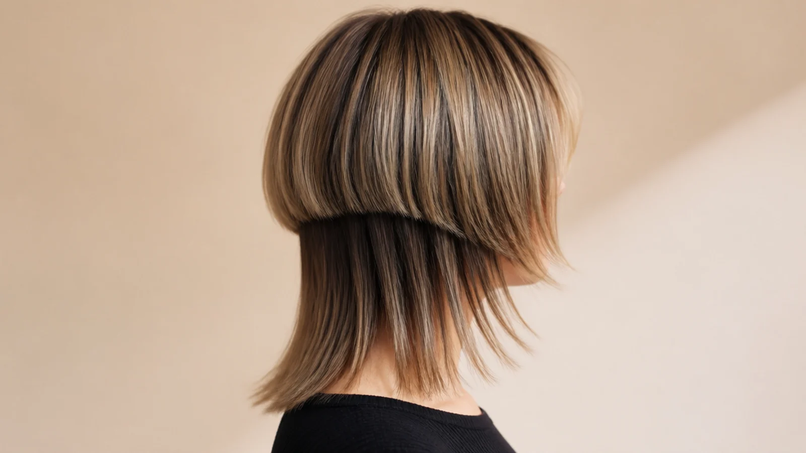 Medium length jellyfish haircut with soft French bangs and a shoulder-length bowl layer