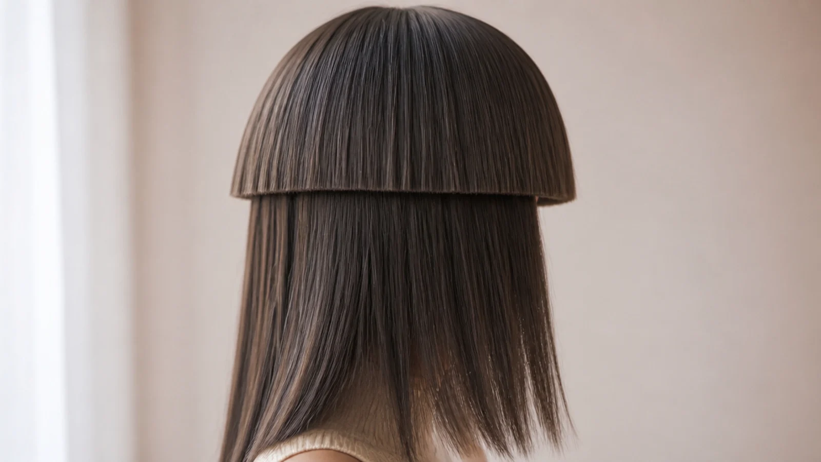 Straight jellyfish haircut with a ruler-straight blunt fringe and a razor-sharp bowl-shaped top layer