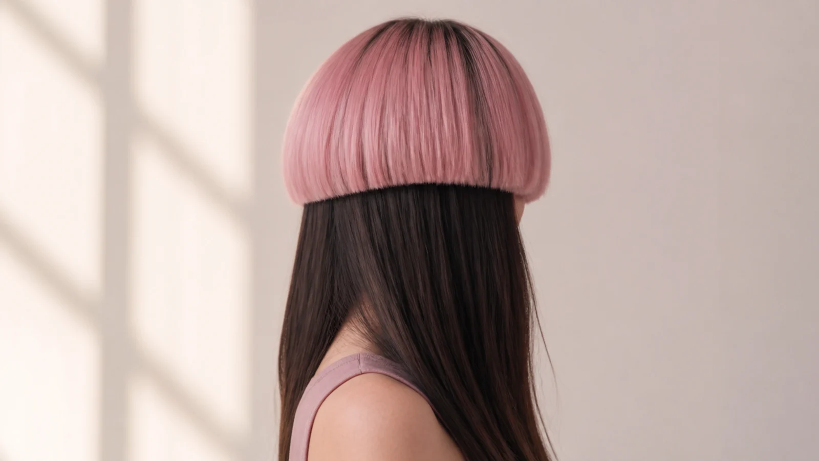 Jellyfish haircut with pastel pink bangs and top layer over long dark brown lengths