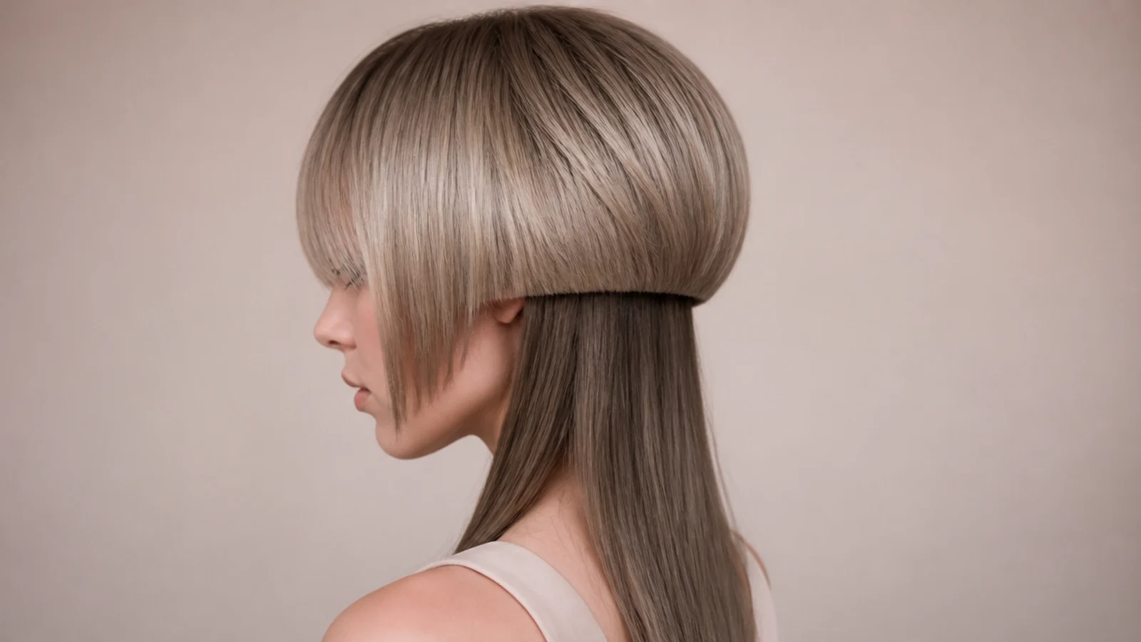 Jellyfish haircut with bottleneck bangs narrow in the center and flared at the cheekbones on a heart face