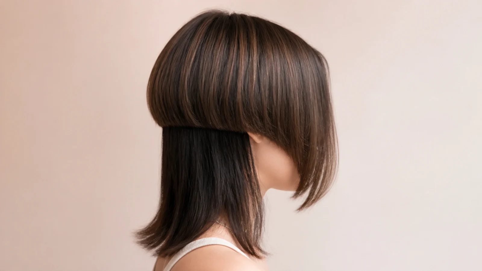 Shoulder-length jellyfish haircut with grown-out curtain bangs falling to the chin