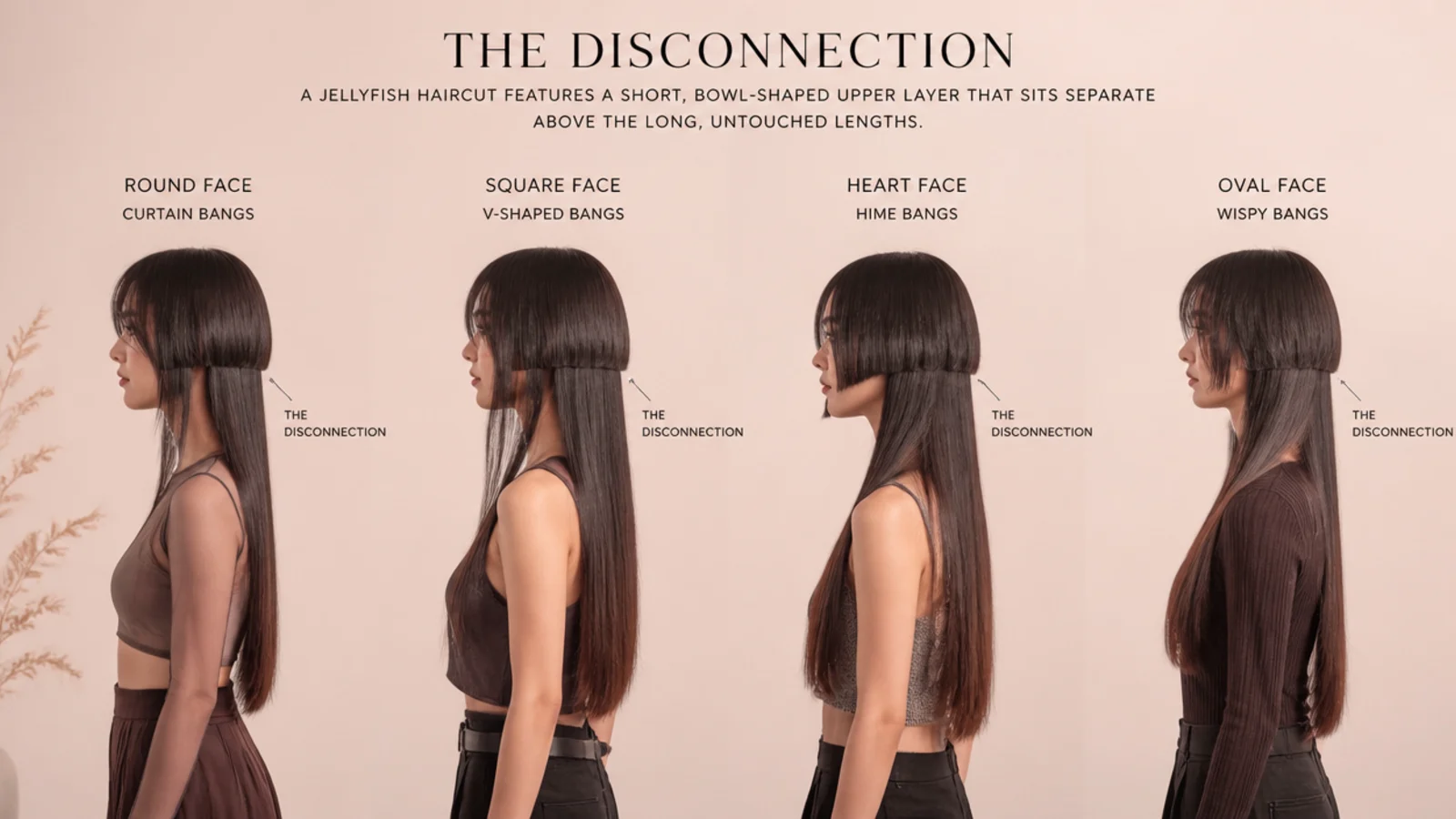 Four face shapes compared with curtain, V, hime and wispy bangs on a jellyfish haircut