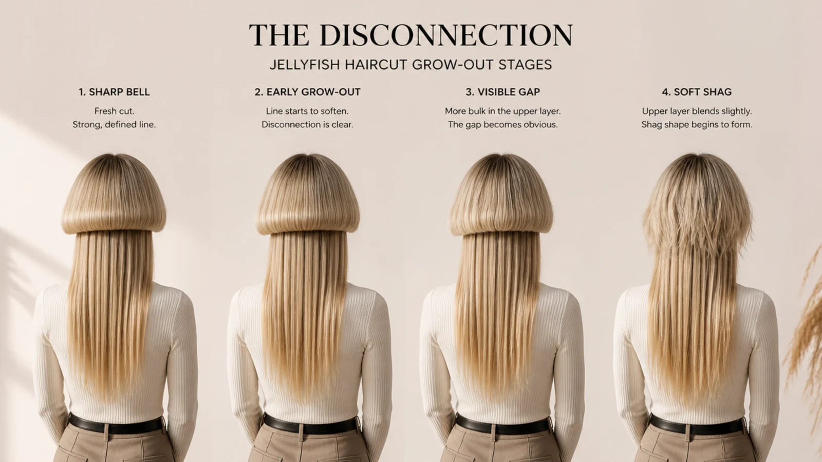Grow-out stages of a jellyfish haircut with bangs from a sharp bell to a soft shag shape