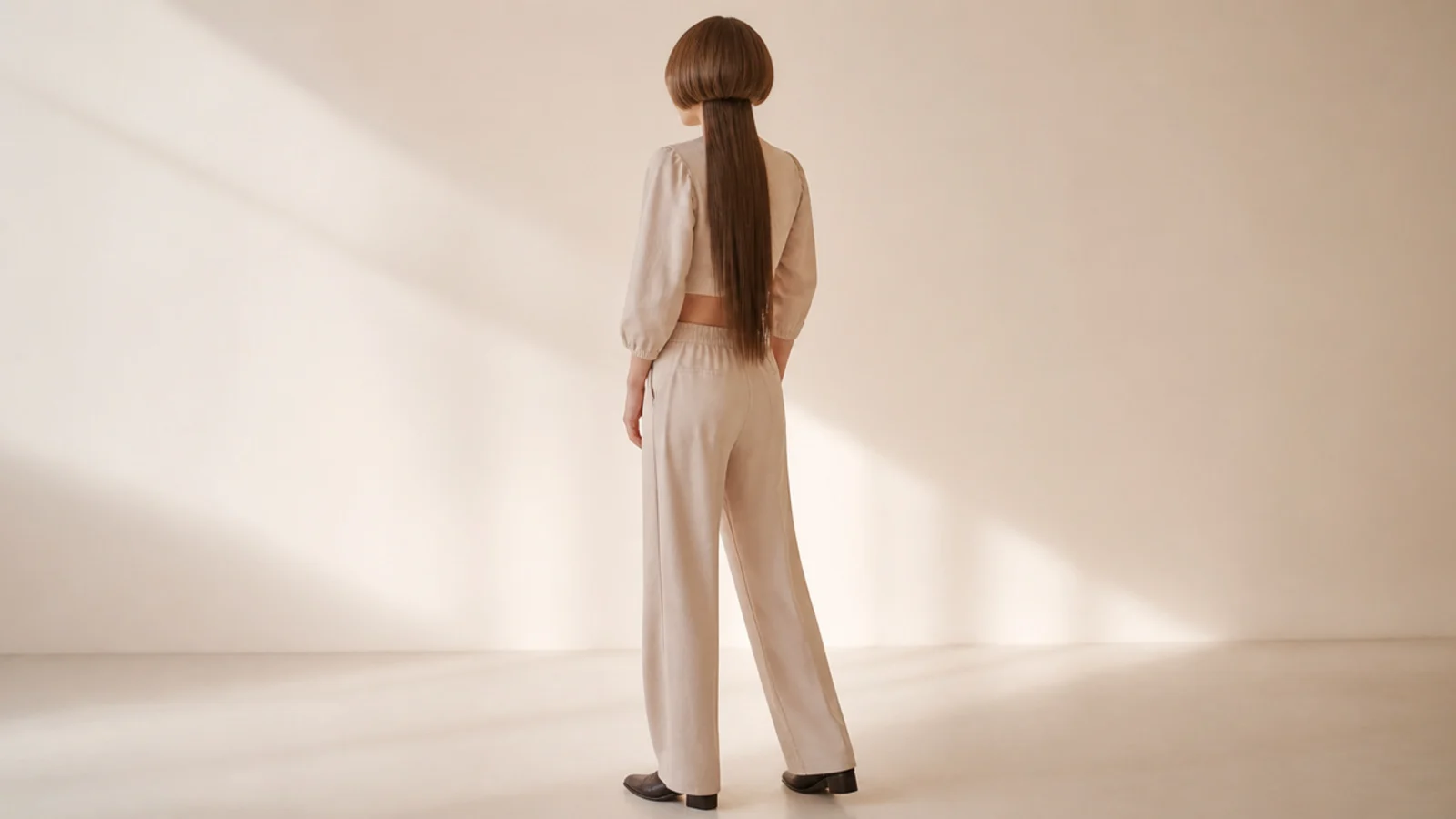 Woman with a jellyfish haircut with bangs, a jaw-length bowl-shaped top layer over long straight lengths