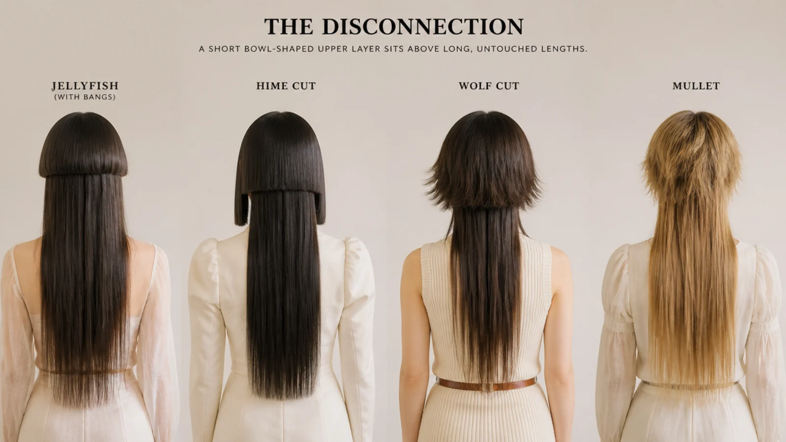 Four cuts compared side by side: jellyfish with bangs, hime cut, wolf cut and mullet