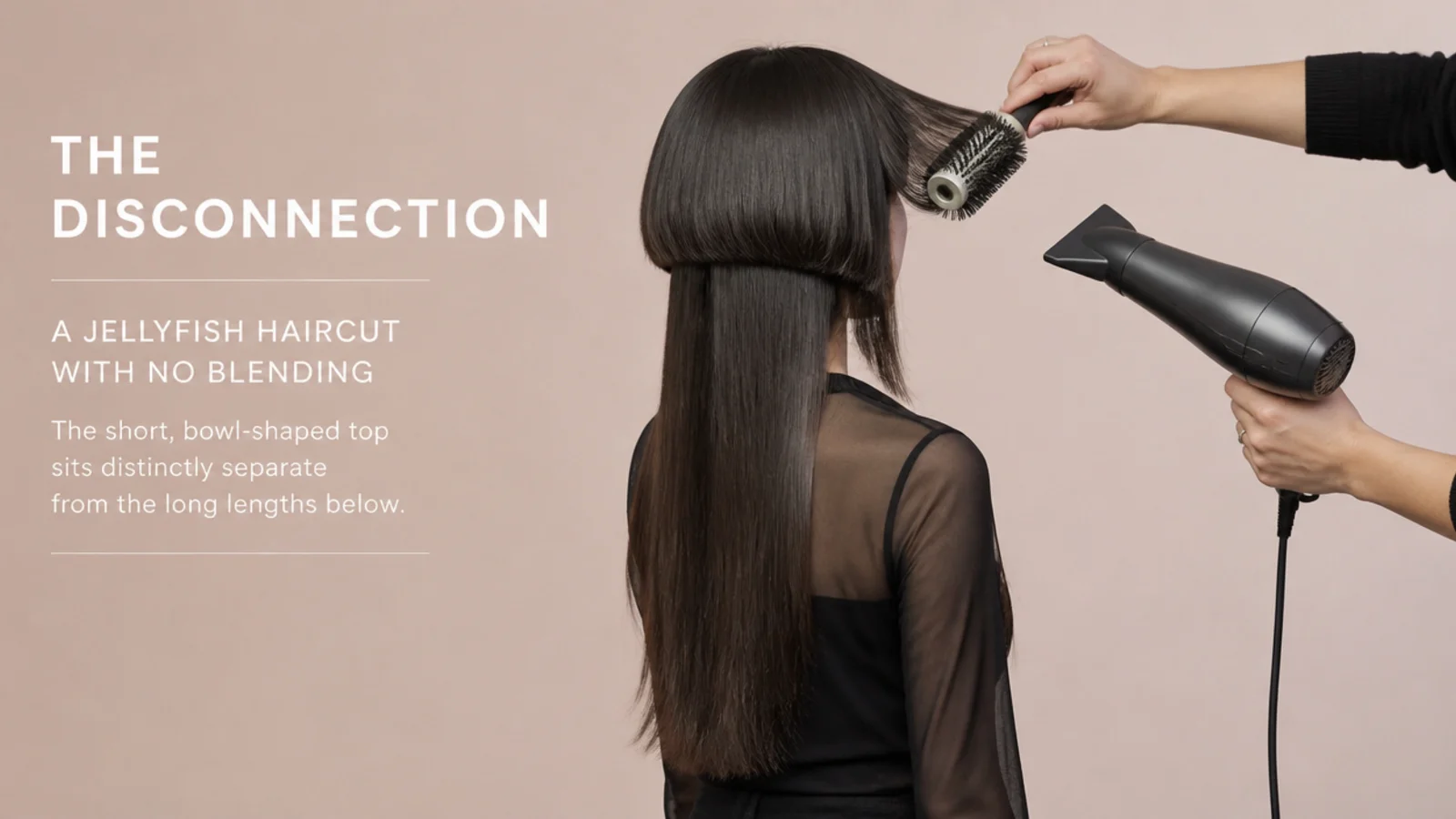 Round brush blow-drying the short top layer and bangs of a jellyfish haircut into a smooth curve