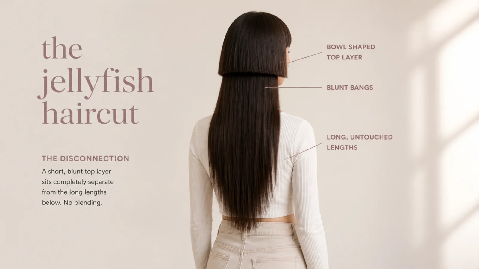 Diagram of a jellyfish haircut showing the disconnected bowl-shaped top layer, bangs and long lengths