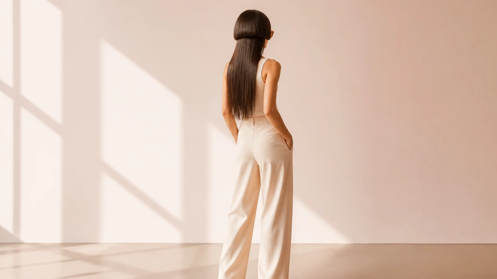 Woman with a jellyfish haircut styled with a sleek disconnected bell over long straight lengths