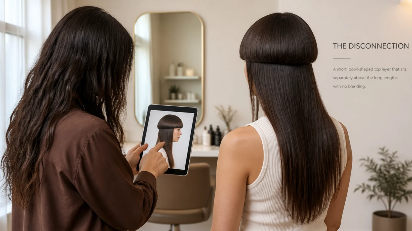 Reference photo of a jellyfish haircut being shown to a stylist at a salon consultation