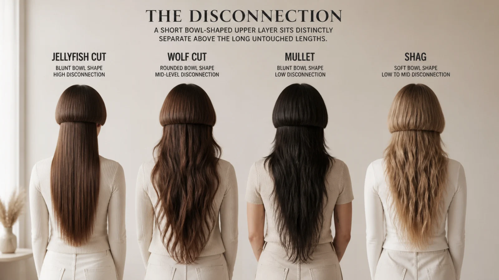 Side by side comparison of a jellyfish haircut, wolf cut, mullet and shag on long hair