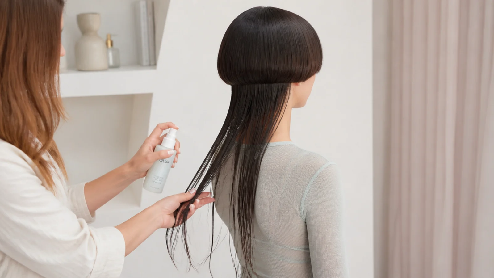 Applying heat protectant to the long lengths of a jellyfish haircut on damp hair