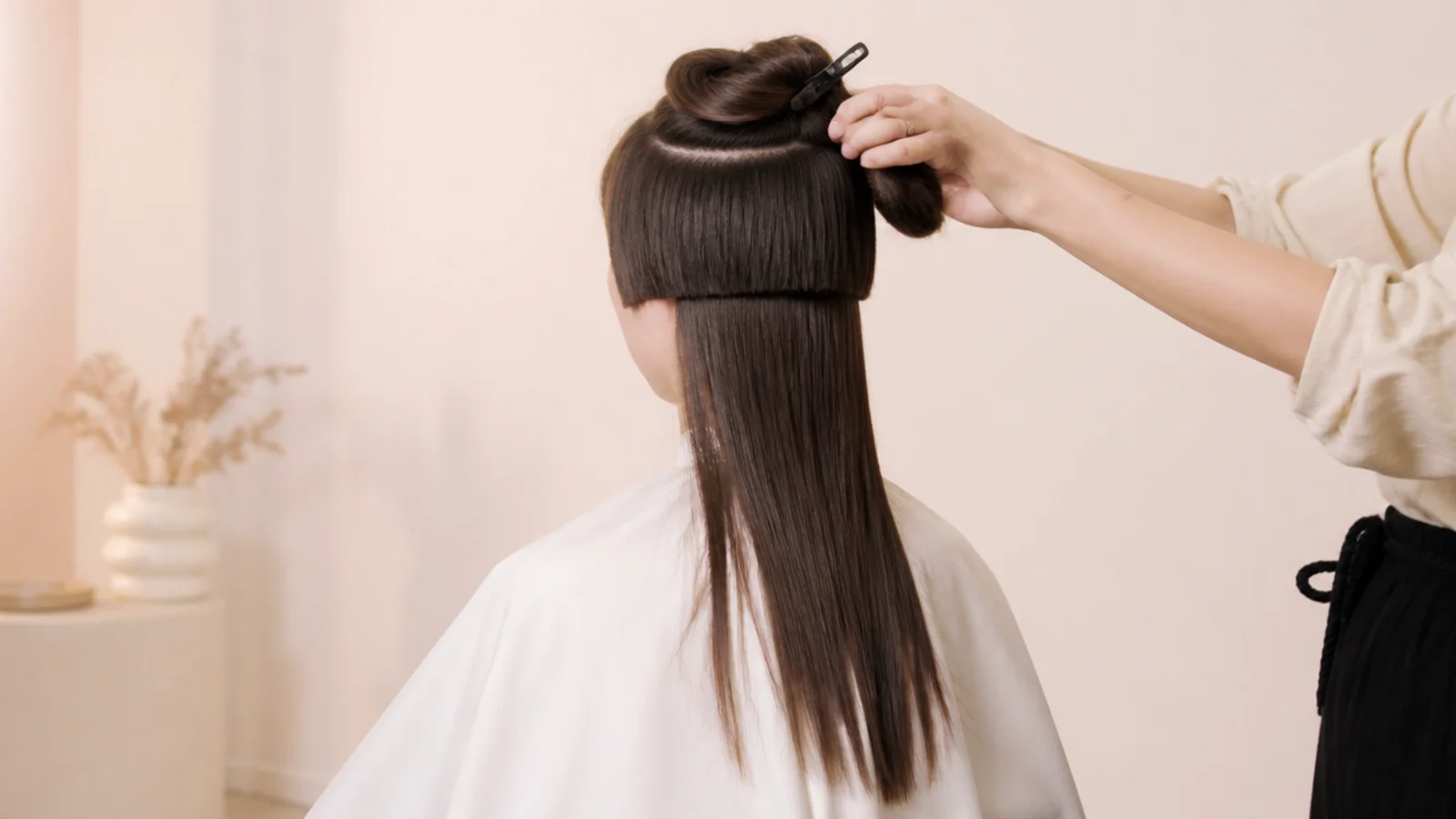 Sectioning clip holding the short bowl-shaped top layer of a jellyfish haircut up and away
