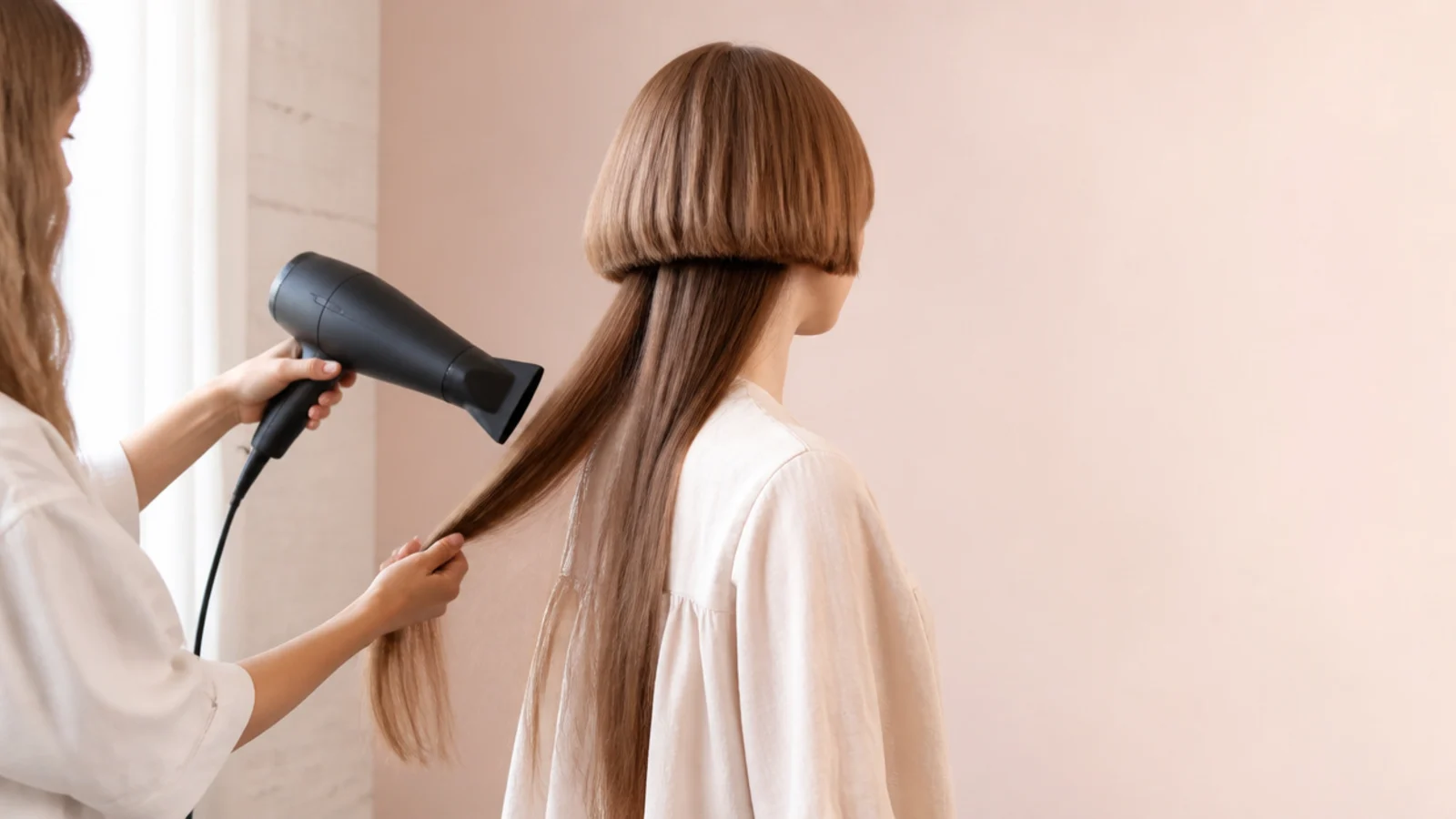 Rough drying the long lower lengths of a jellyfish haircut with a nozzle on the dryer