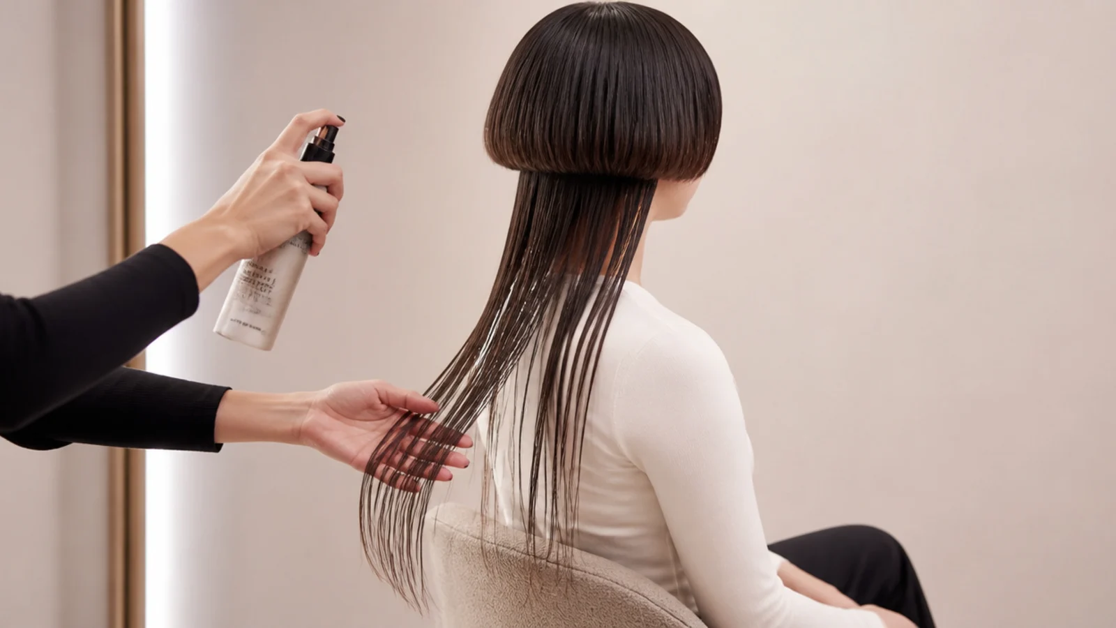 Applying sea salt texture spray to the long lengths of a jellyfish haircut only
