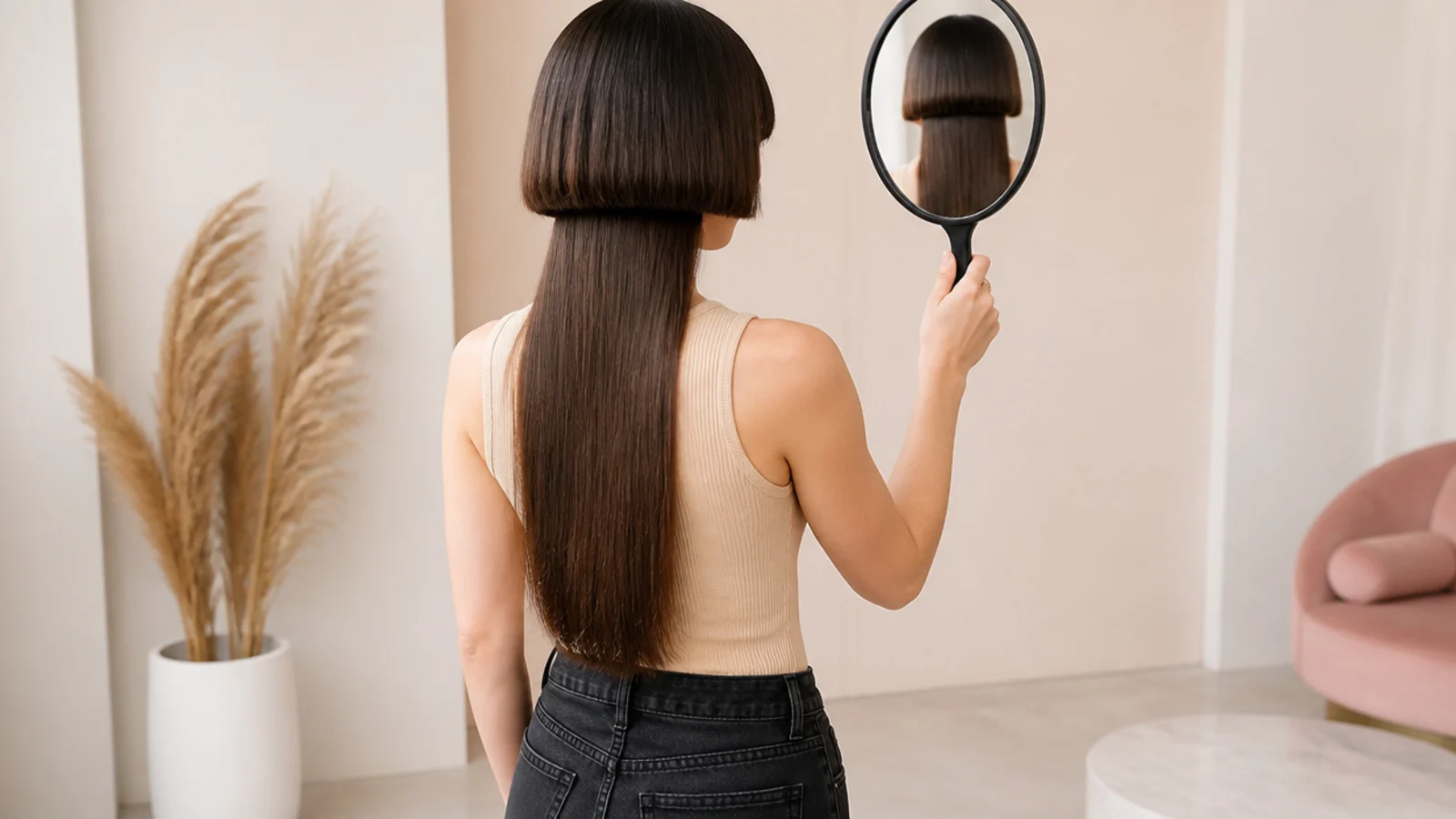 Checking the back view of a finished jellyfish haircut in a handheld mirror