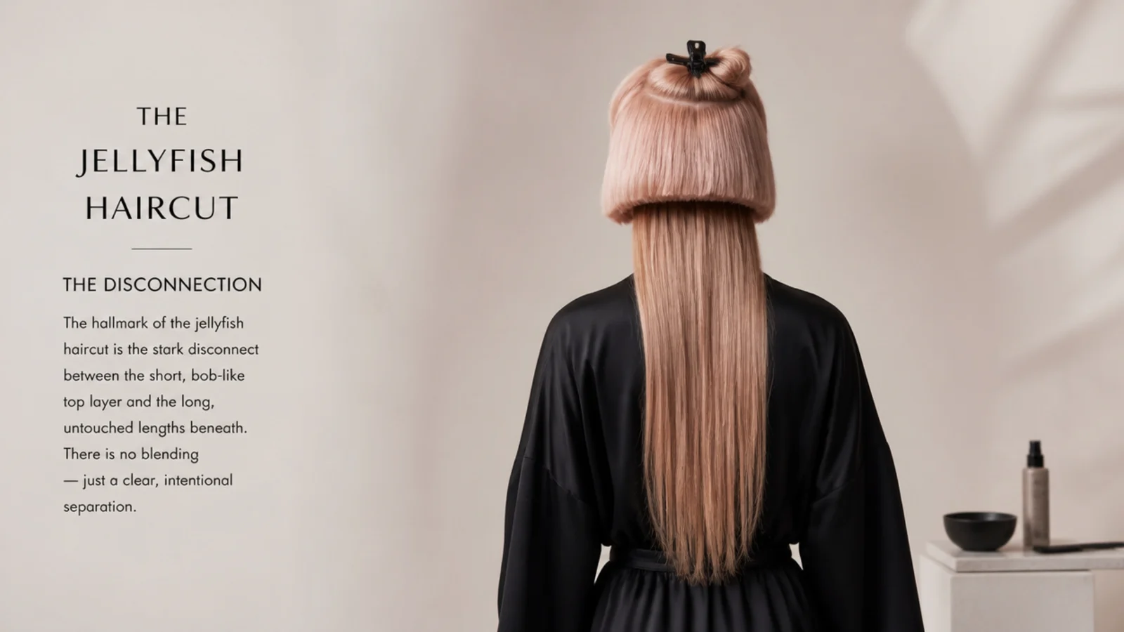 Sectioning clip separating the short top layer of a jellyfish haircut from the long lengths