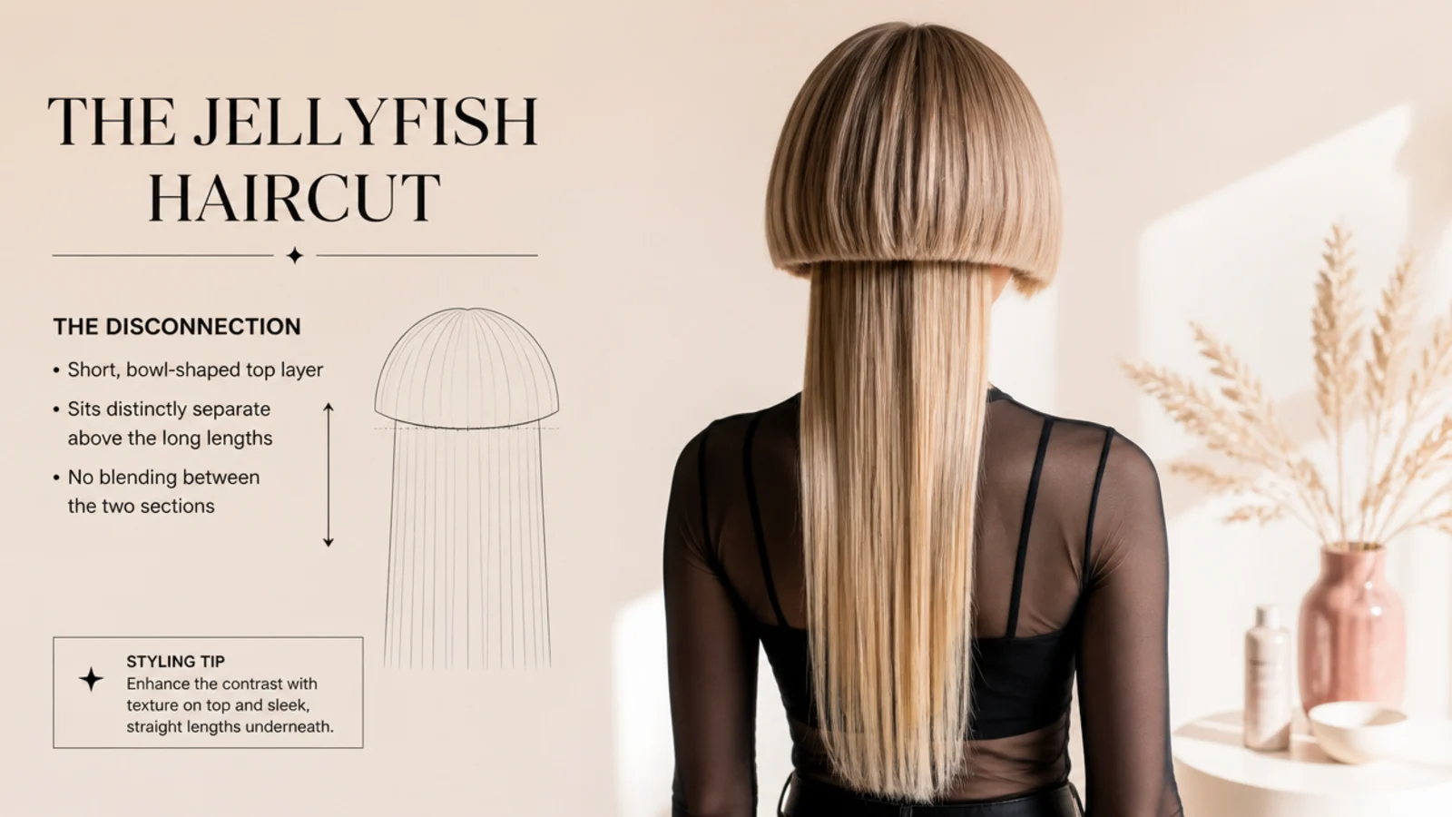 Diagram of a jellyfish haircut showing the disconnected bowl-shaped top layer over long lengths