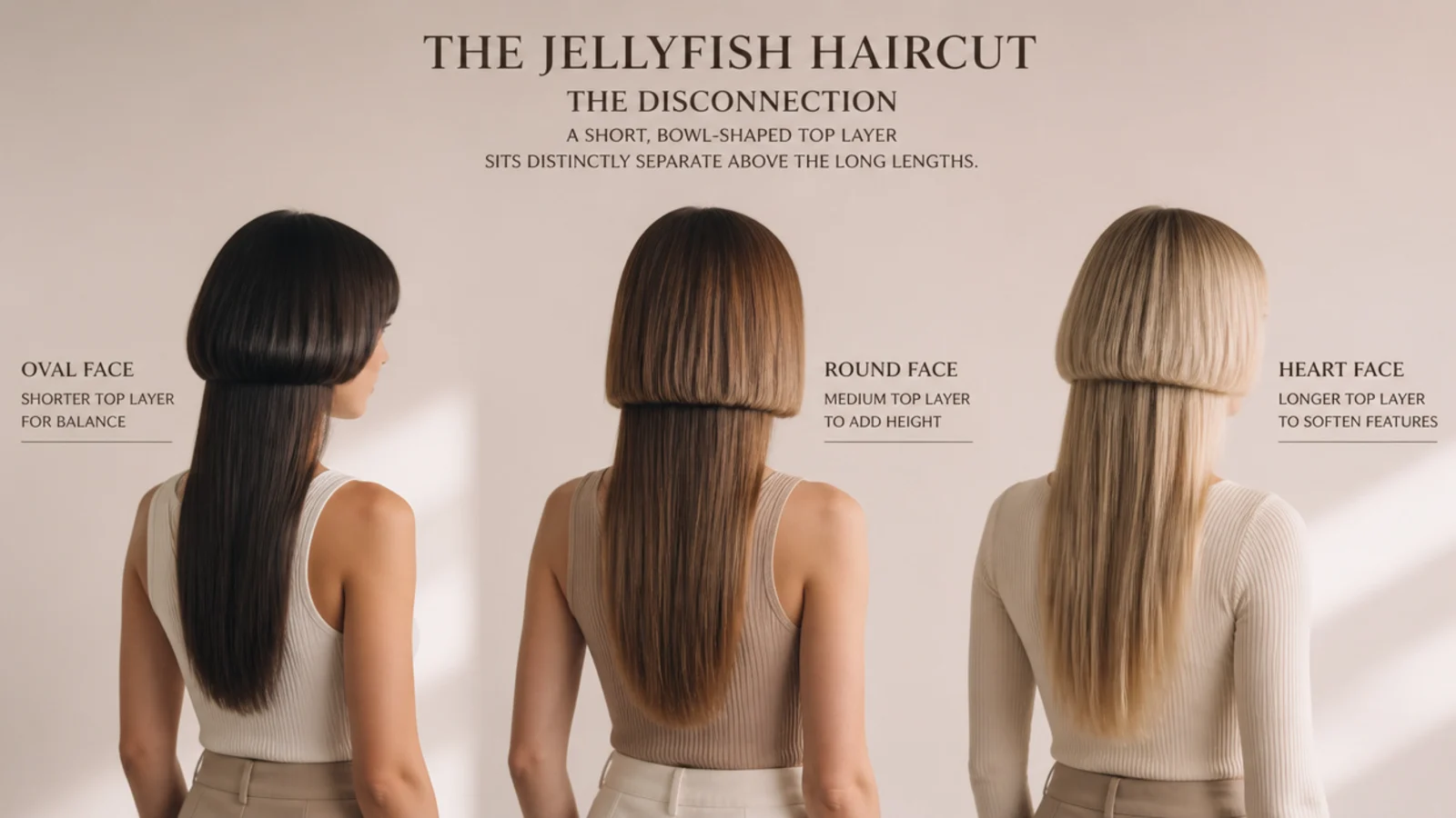 Jellyfish haircut styled on oval, round and heart face shapes with different top layer lengths