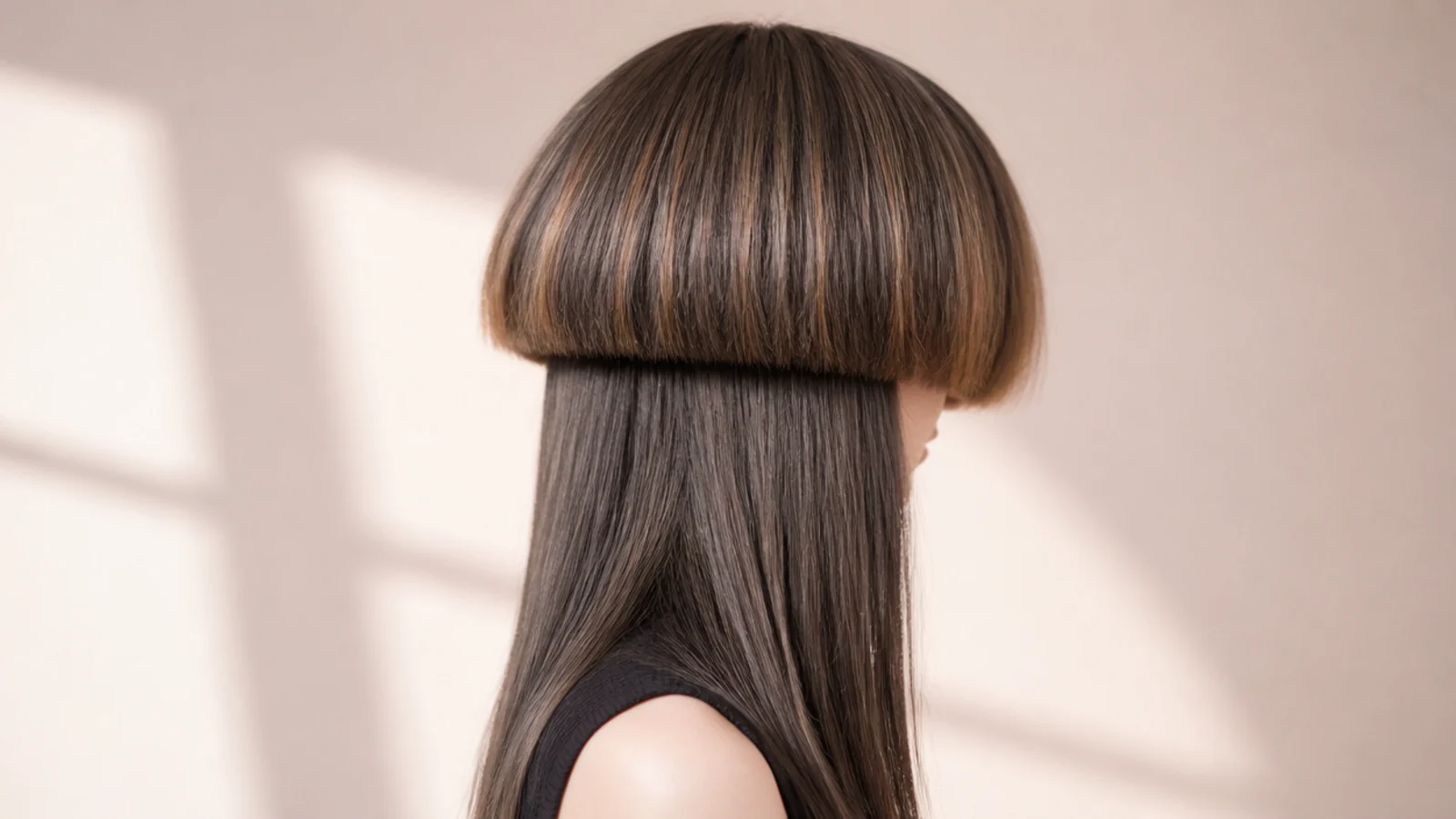 Jaw-length bowl-shaped jellyfish bell over mid-back length straight hair with a visible disconnection line