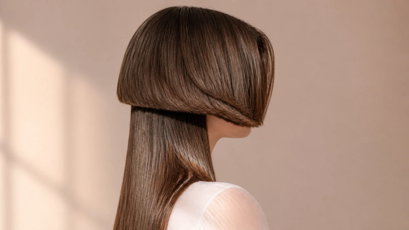 Jellyfish haircut with curtain bangs parting at the center over a jaw-length bell