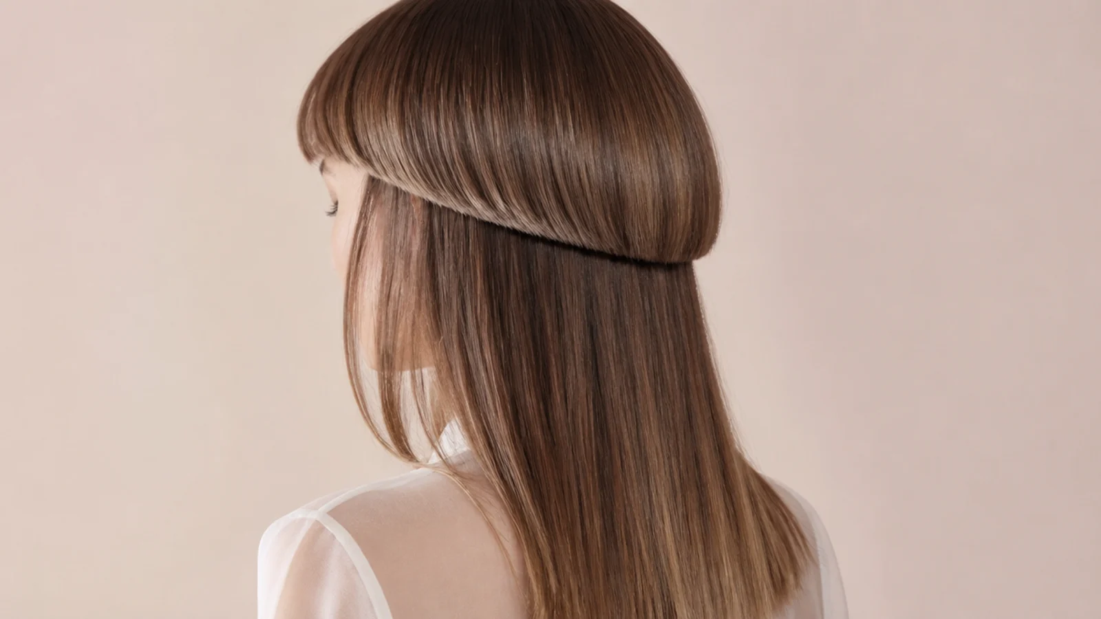 Micro baby bangs above the brow paired with a rounded jellyfish bell haircut