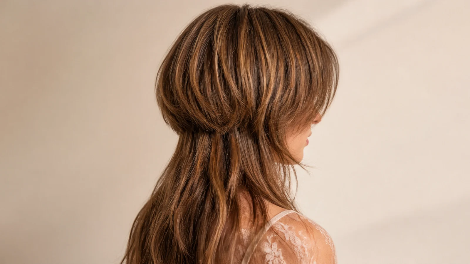 Fully grown out jellyfish haircut that has become a layered shag with curtain bangs
