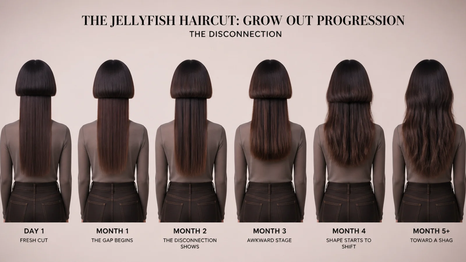 Month by month grow out progression of a jellyfish haircut from sharp bell to layered shag