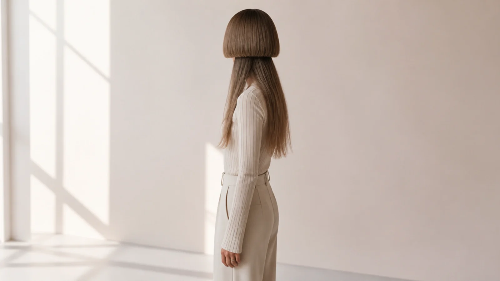 Jellyfish haircut on a woman with a jaw-length bowl-shaped bell over long disconnected tentacle lengths