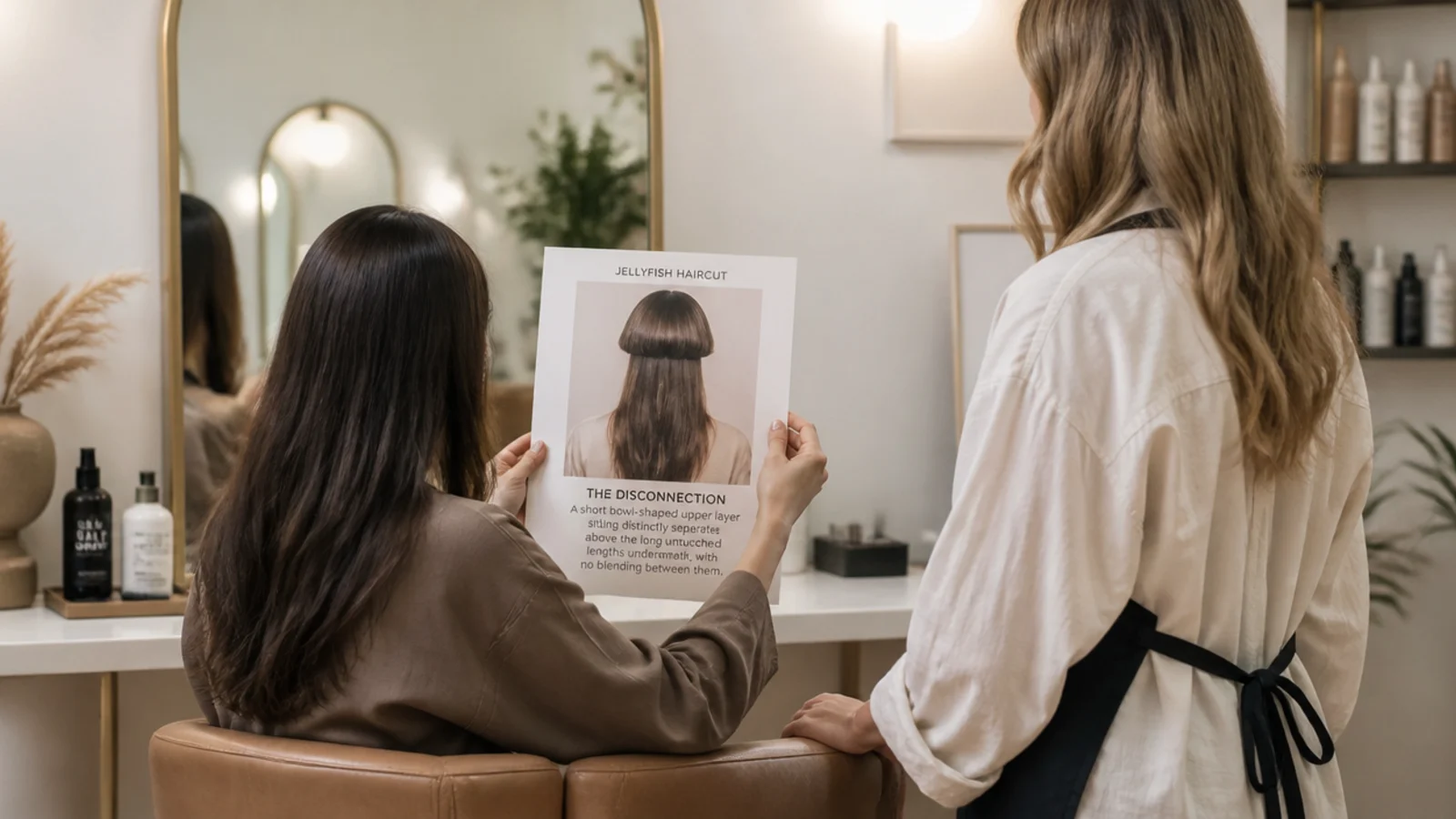 Woman showing a stylist a back-view reference photo of a jellyfish haircut at a salon mirror