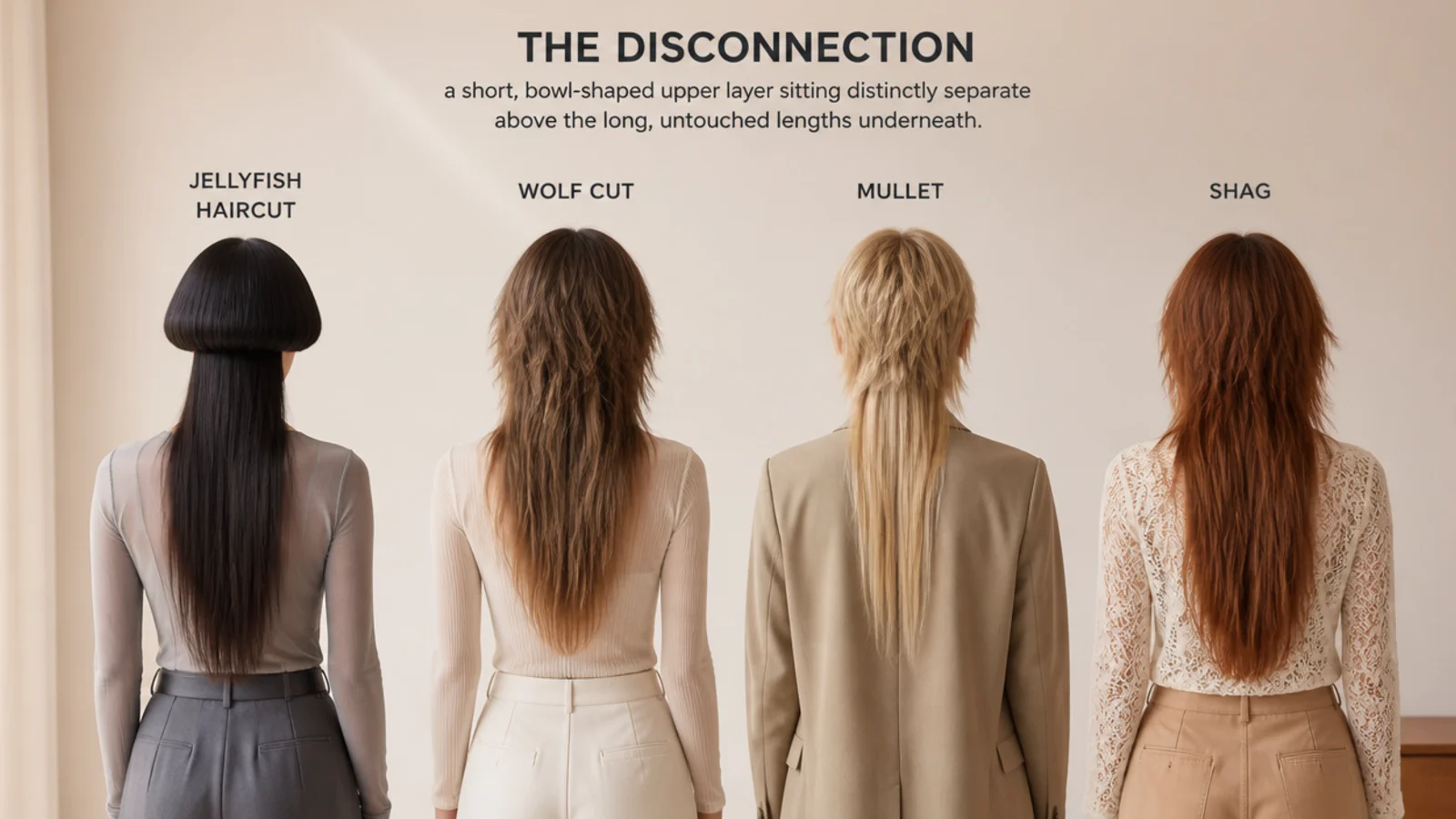 Side by side comparison of a jellyfish haircut a wolf cut a mullet and a shag from the back