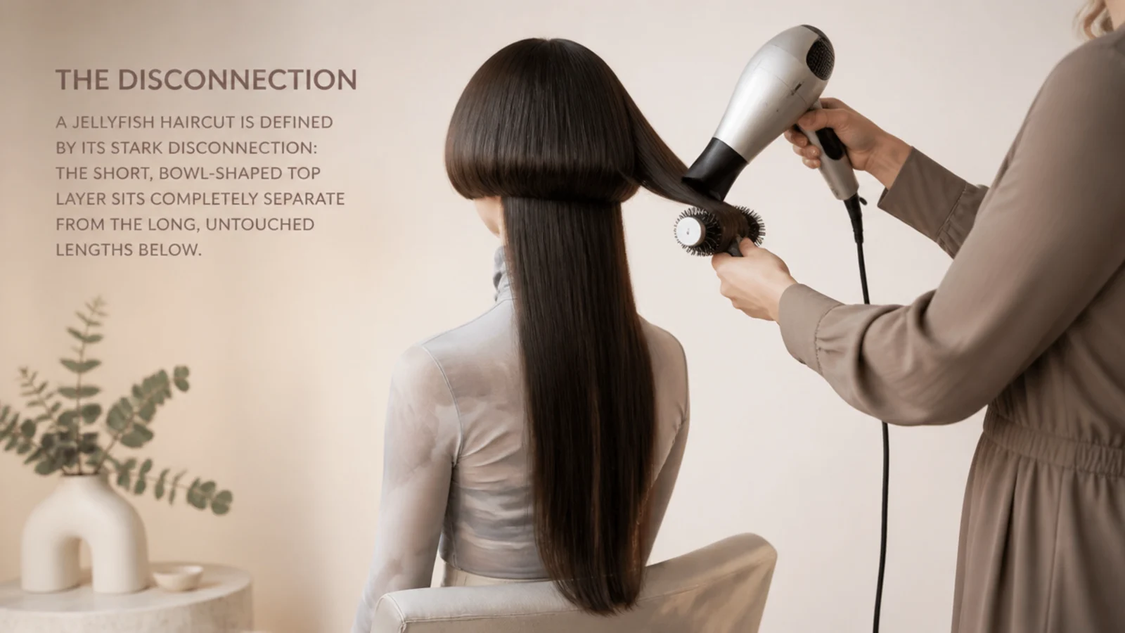 Round brush blow-drying the short bell layer of a jellyfish haircut over long straight tentacles