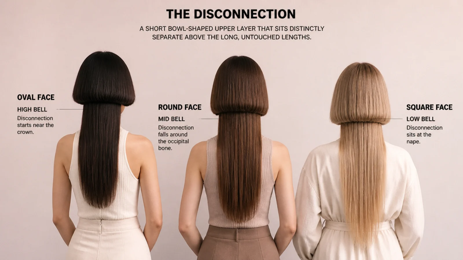 Three women with oval round and square faces wearing different jellyfish haircut bell lengths