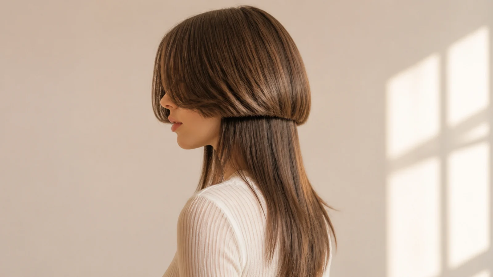 Jellyfish haircut with curtain bangs parted in the middle over a cheekbone length bell