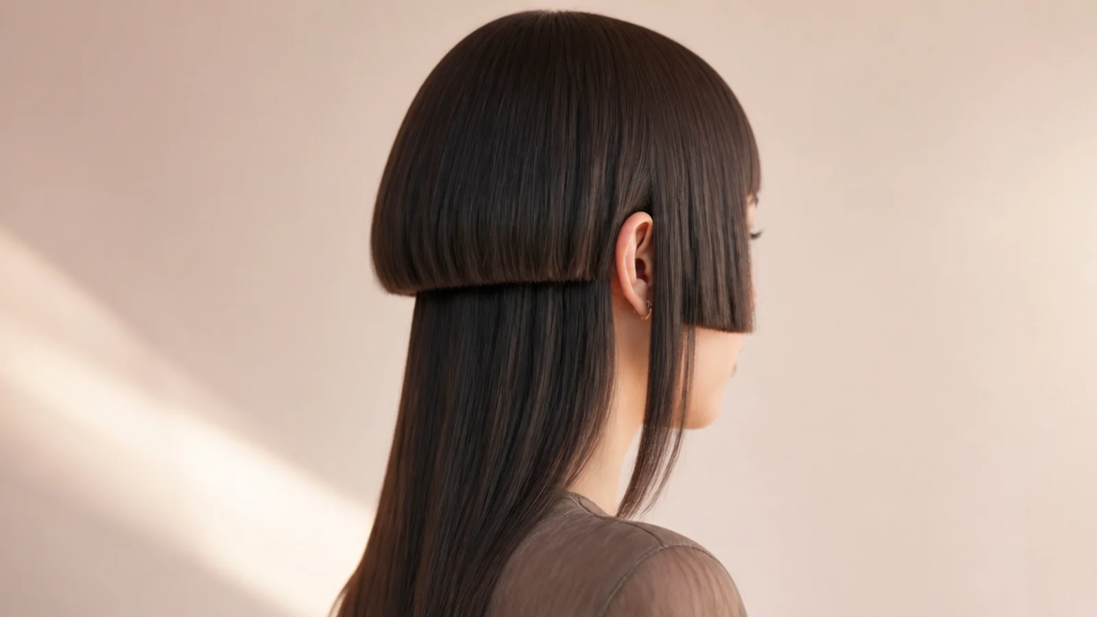 Jellyfish haircut with straight across hime bangs and cheekbone length sidelocks over long hair
