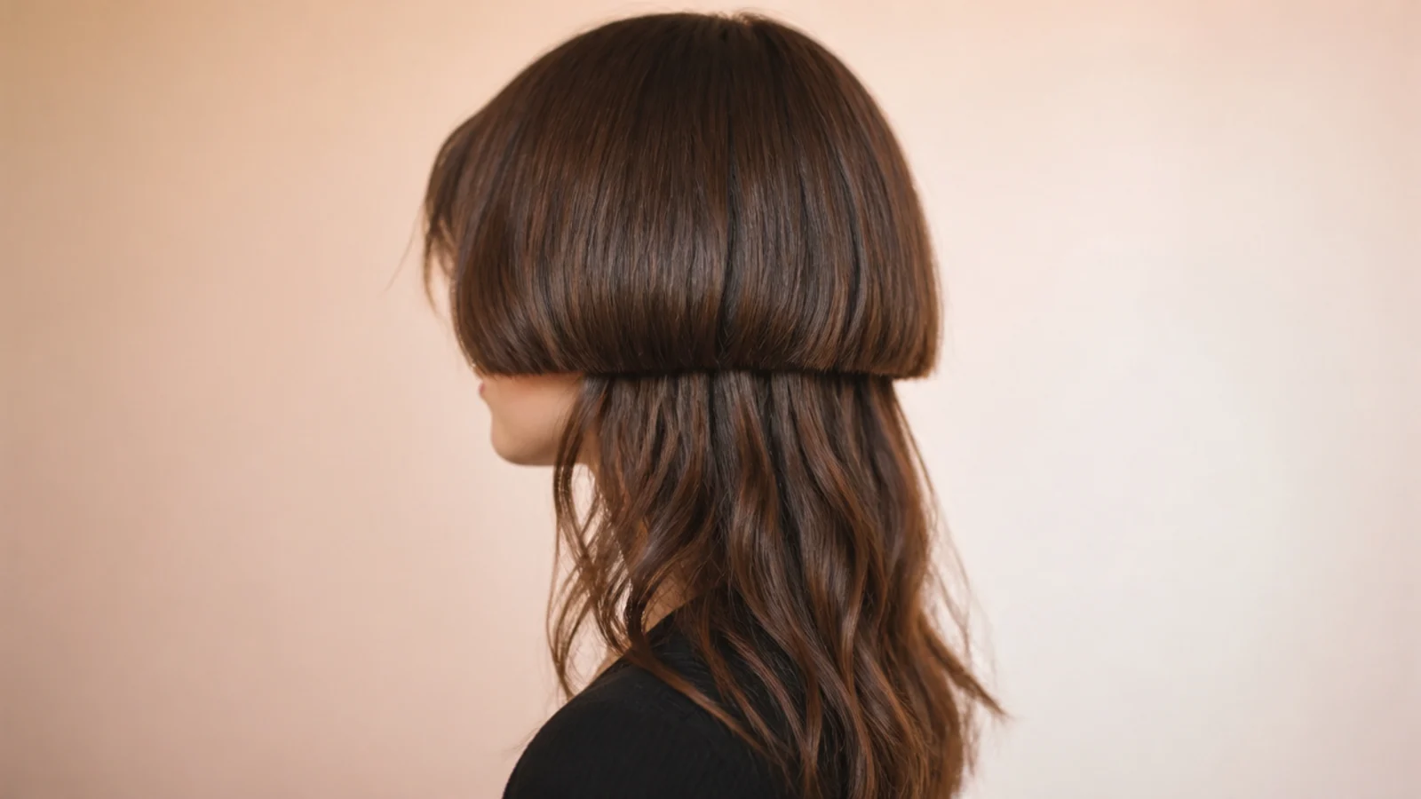 Medium jellyfish haircut with a cheekbone bell over collarbone length hair on wavy brown hair