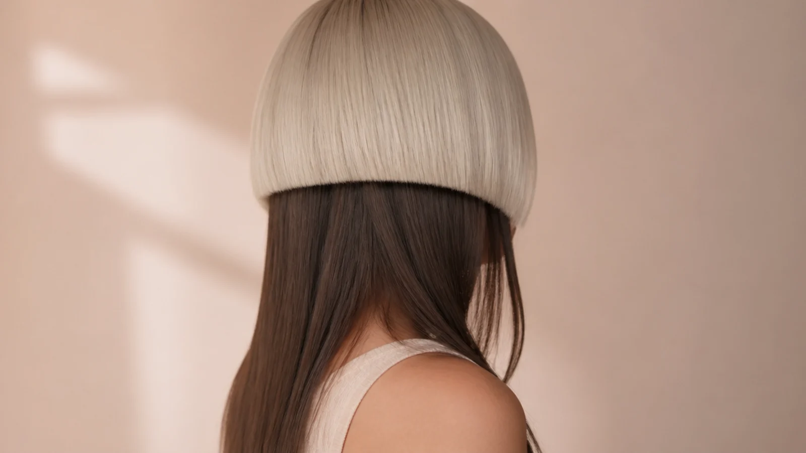Platinum blonde jellyfish bell over dark brown long tentacle lengths showing color blocked layers