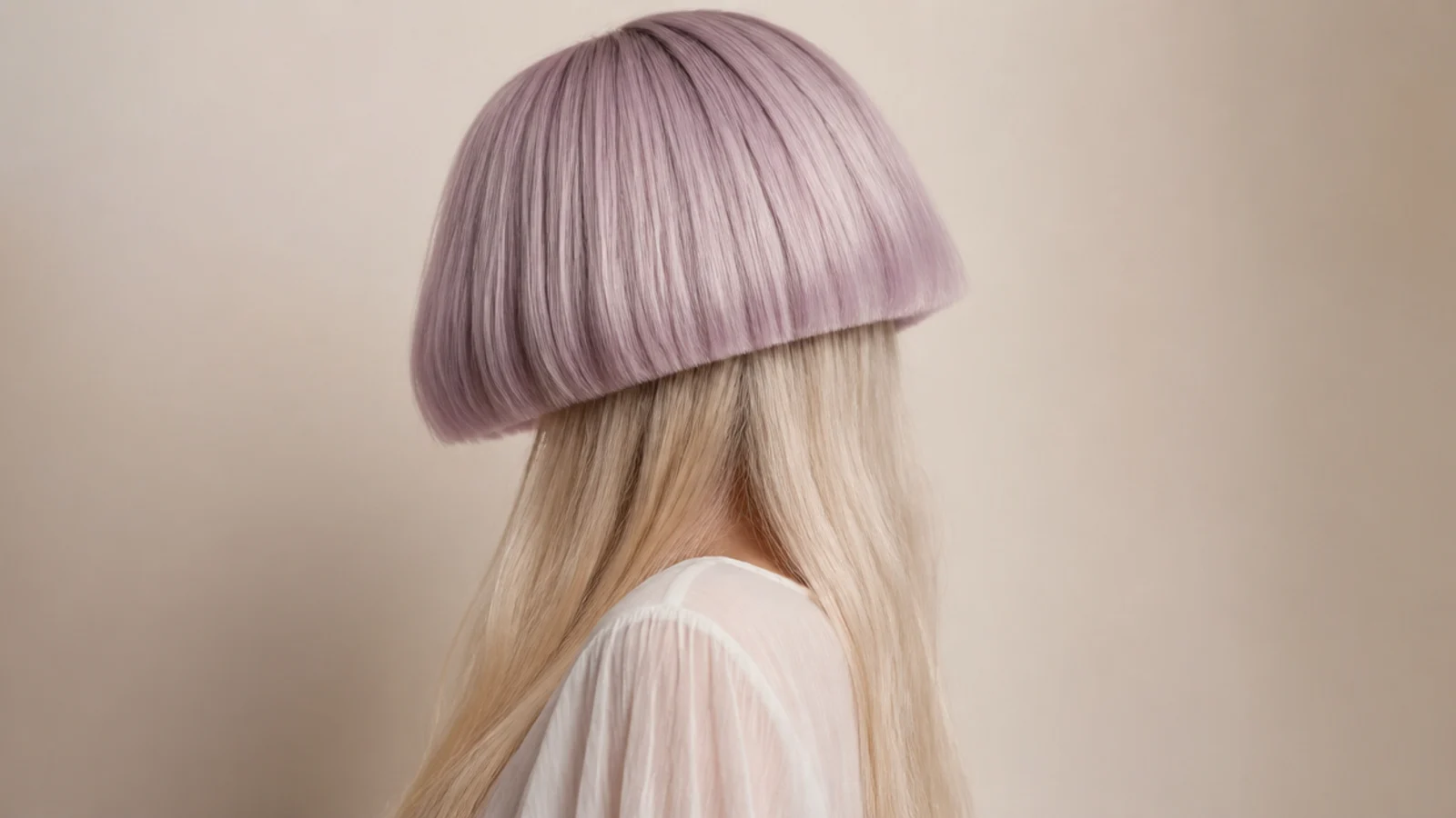Pastel lavender jellyfish bob bell over long pale blonde layers with a soft dreamy finish