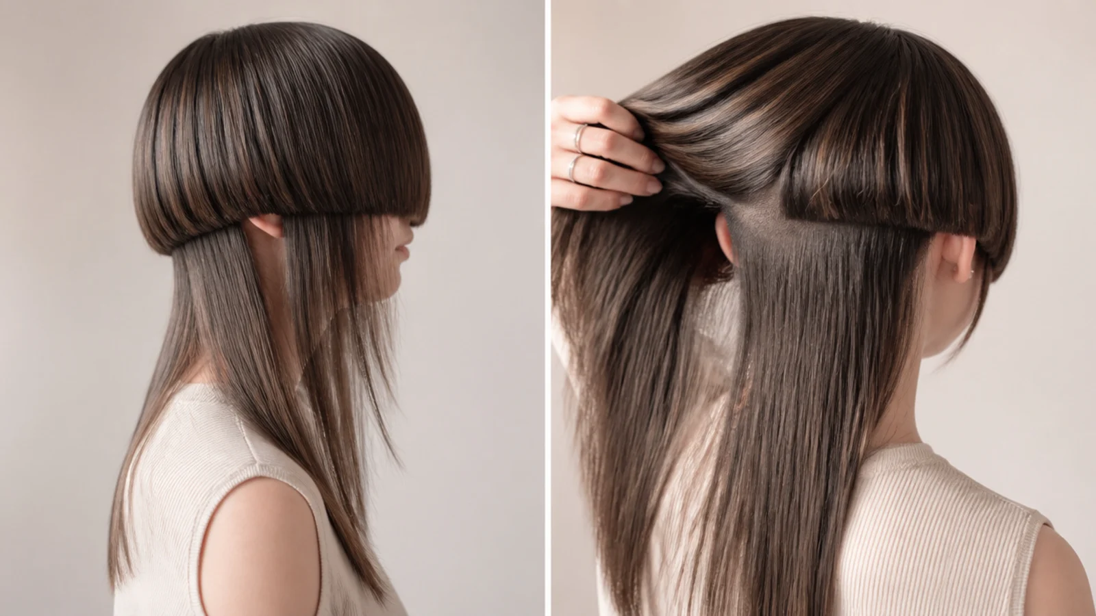 Jellyfish haircut with a hidden nape undercut revealed when the long tentacle section is lifted