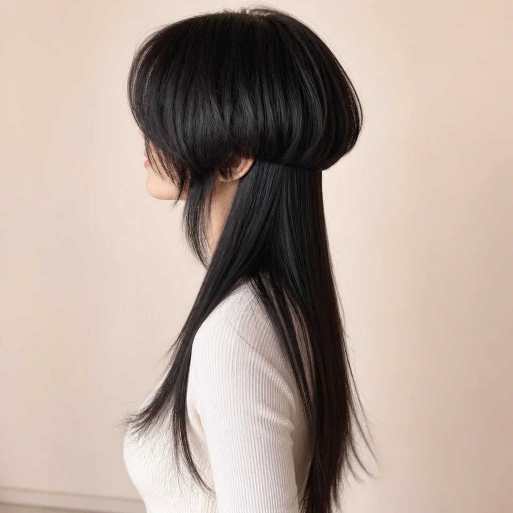 Jellyfish haircut with soft side swept bangs over a square jaw and long tentacle lengths