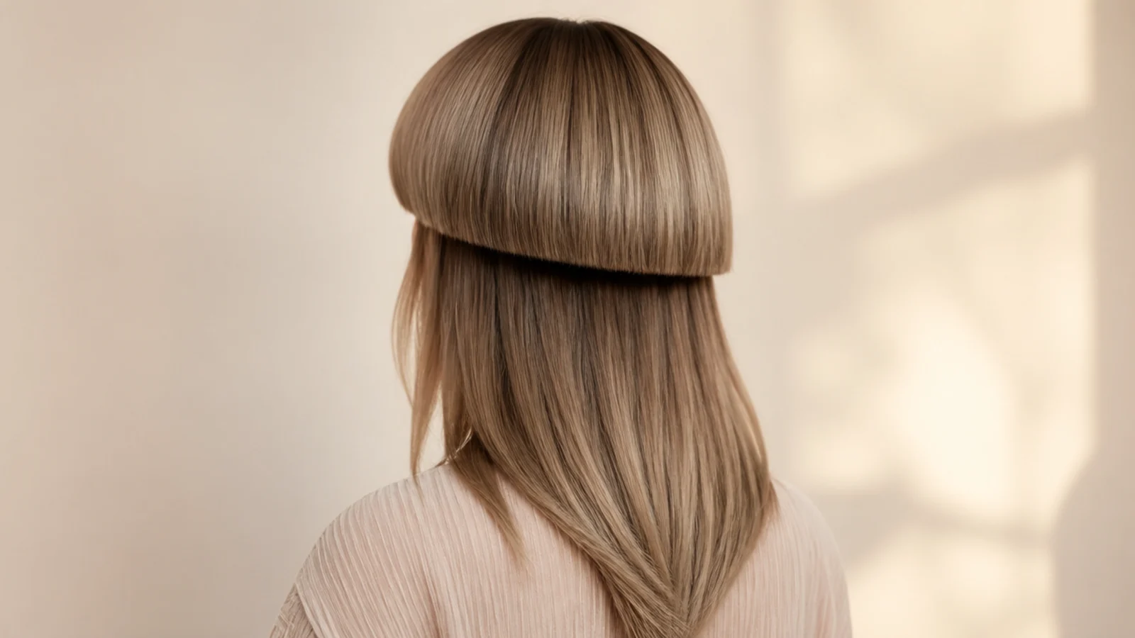 Back view of a jellyfish haircut with a V shaped tentacle hem under a rounded bowl bell