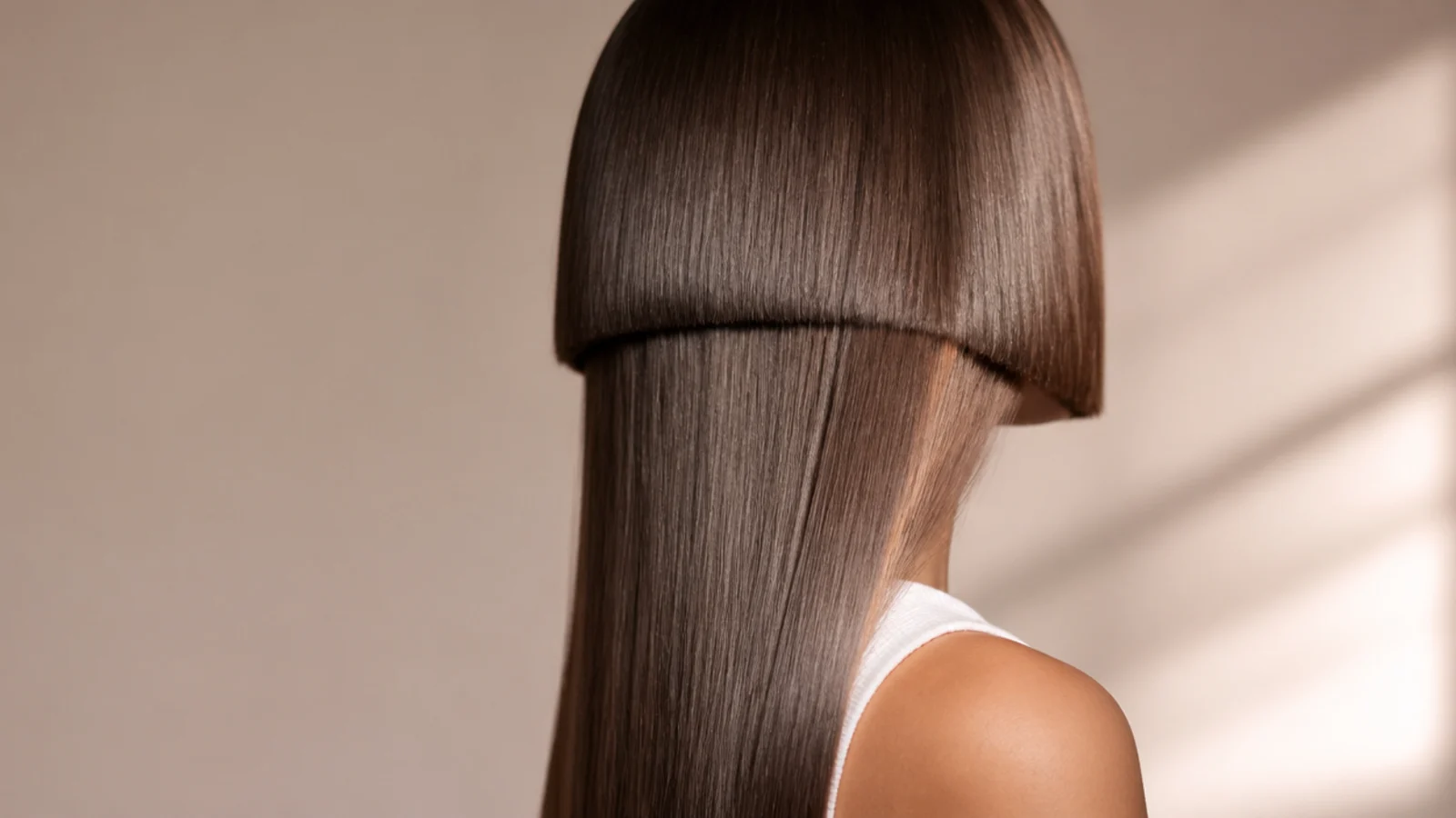 Sleek flat ironed jellyfish bell with glass hair shine over poker straight long tentacle lengths