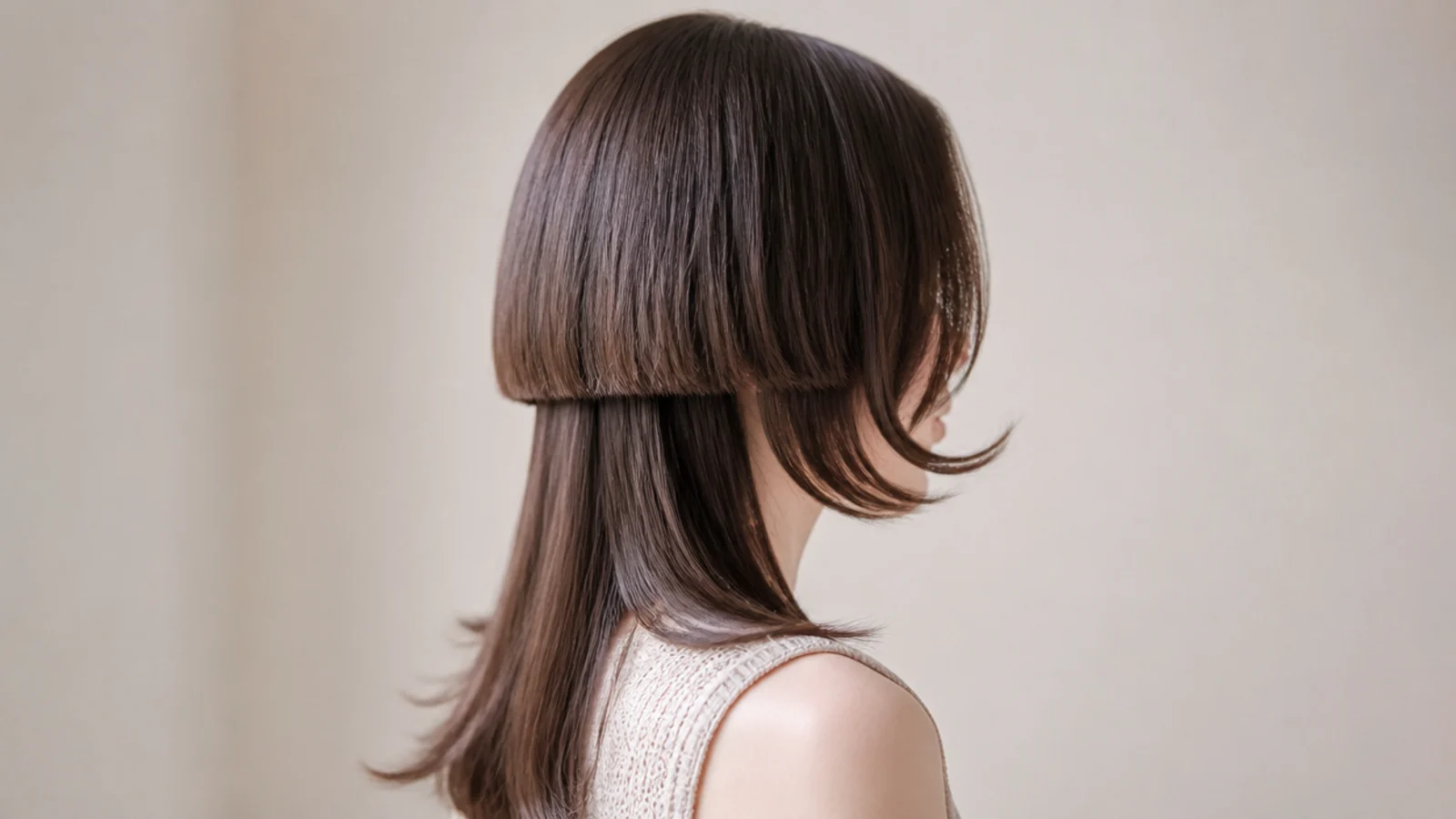 Jellyfish haircut with a C curve flicked bell curving toward the face over shoulder length hair