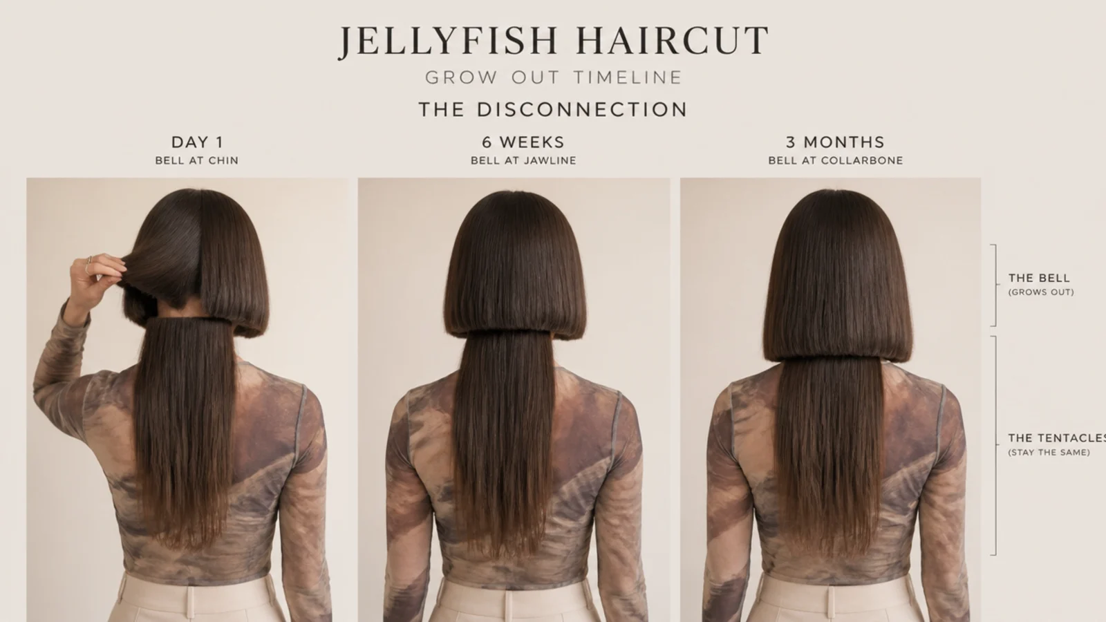Grow out timeline of a jellyfish haircut showing the bell dropping from chin to collarbone over three months