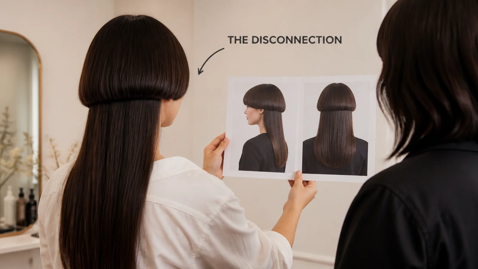Woman showing her stylist front and back reference photos for a jellyfish haircut consultation