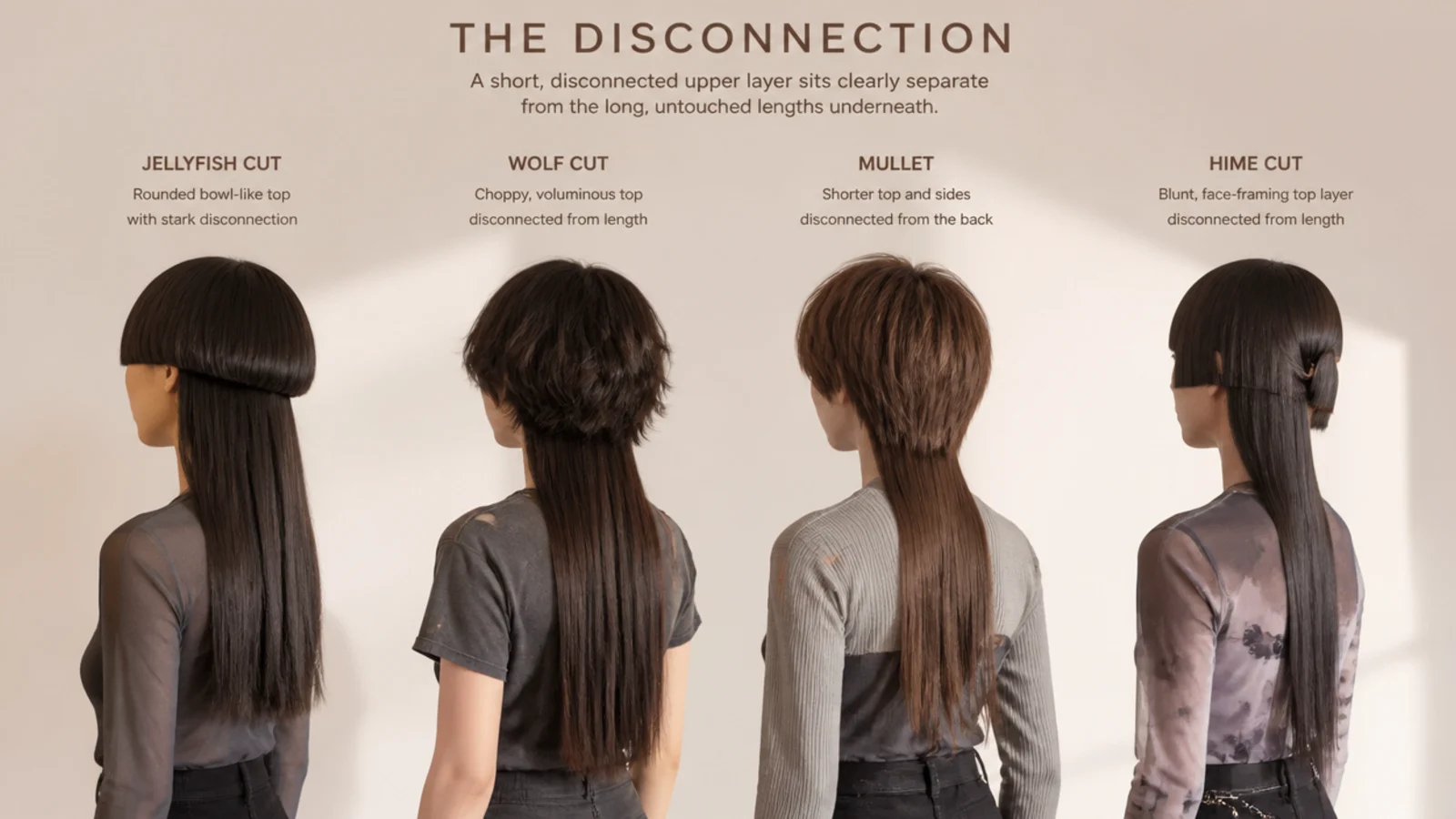 Side by side comparison of a jellyfish haircut, wolf cut, mullet and hime cut silhouettes on long hair