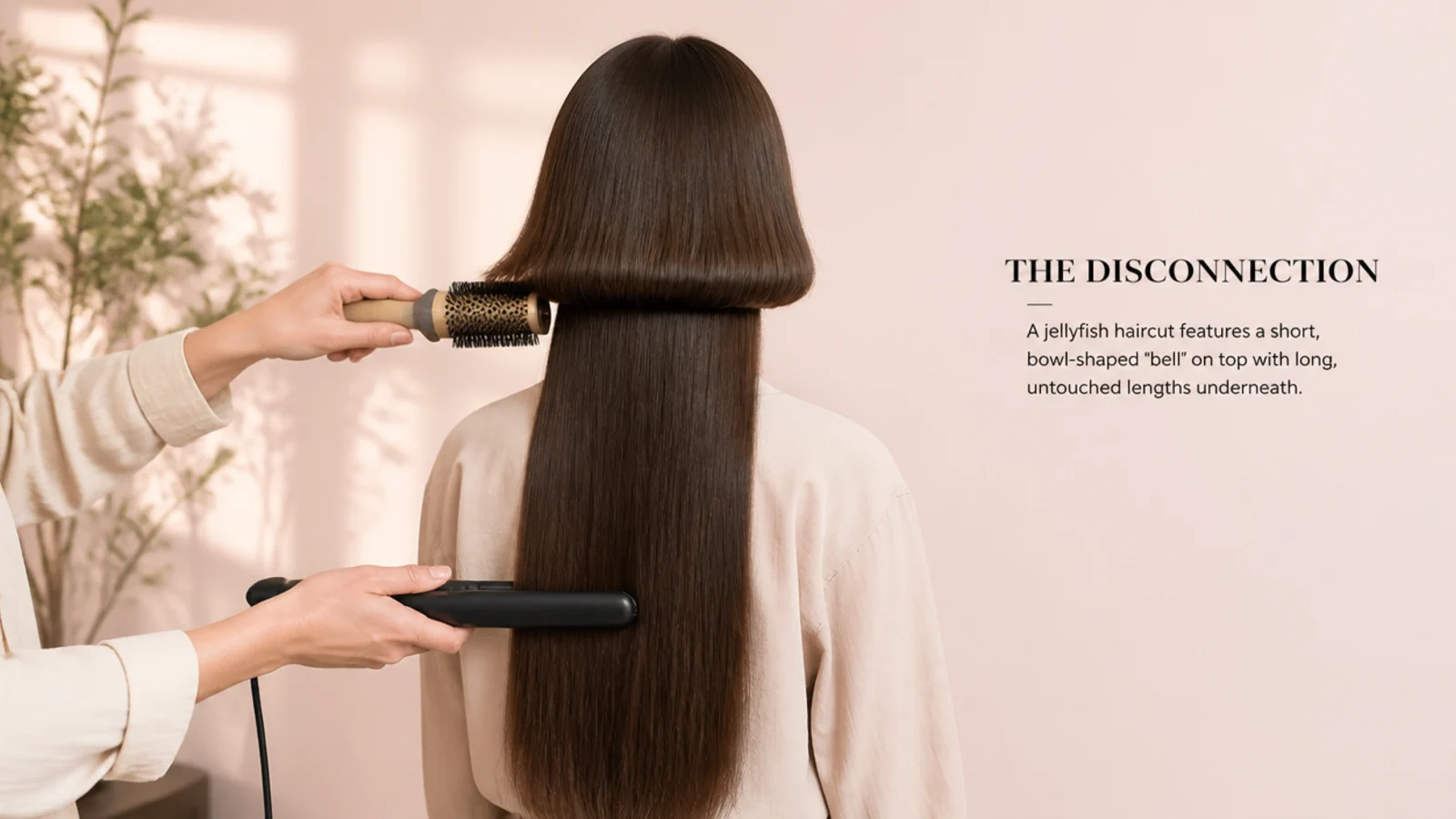 Styling a jellyfish haircut with a round brush on the short bell layer and a flat iron on the long lengths