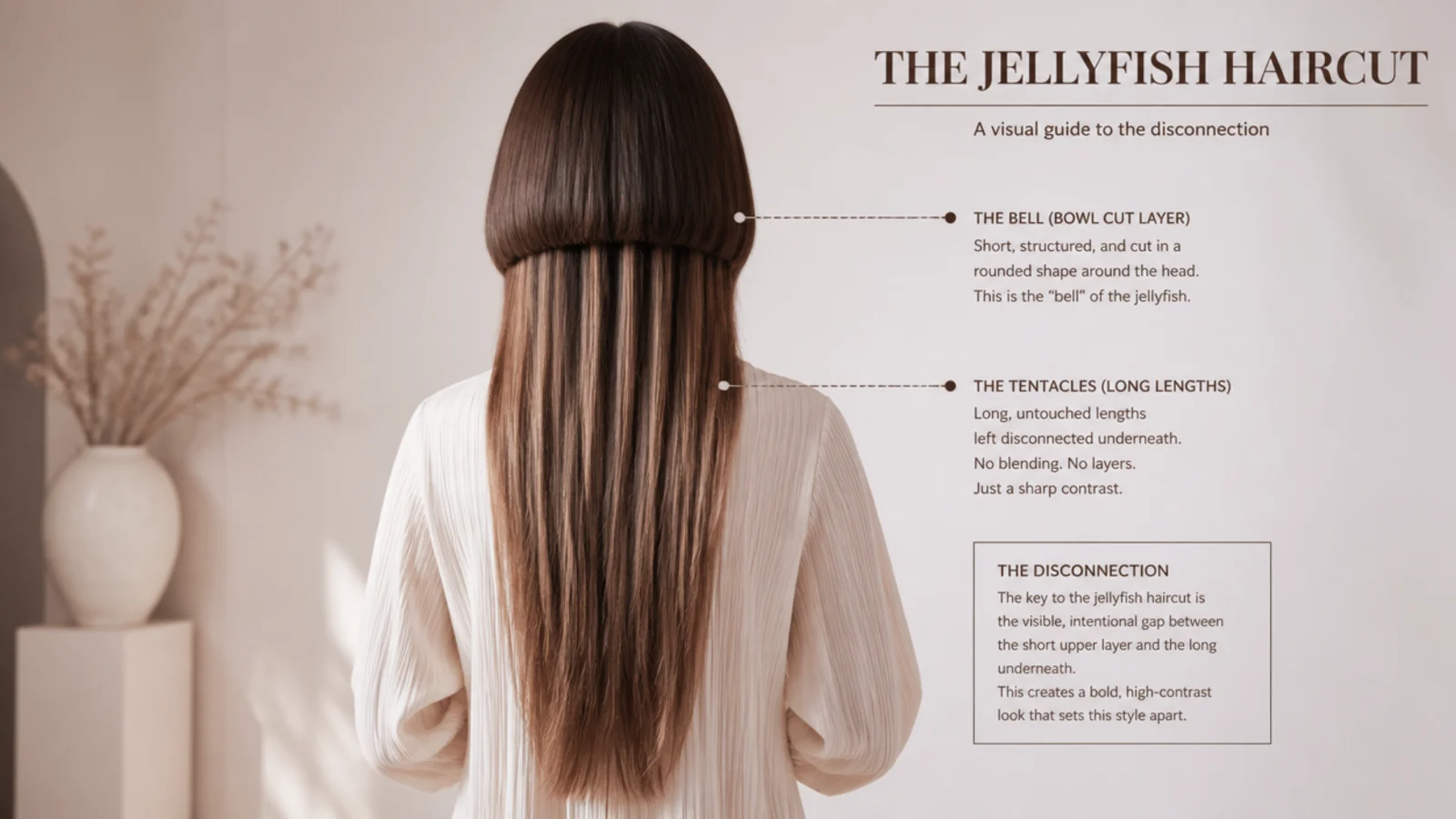 Diagram of a jellyfish haircut showing the bowl shaped bell layer disconnected from long tentacle lengths