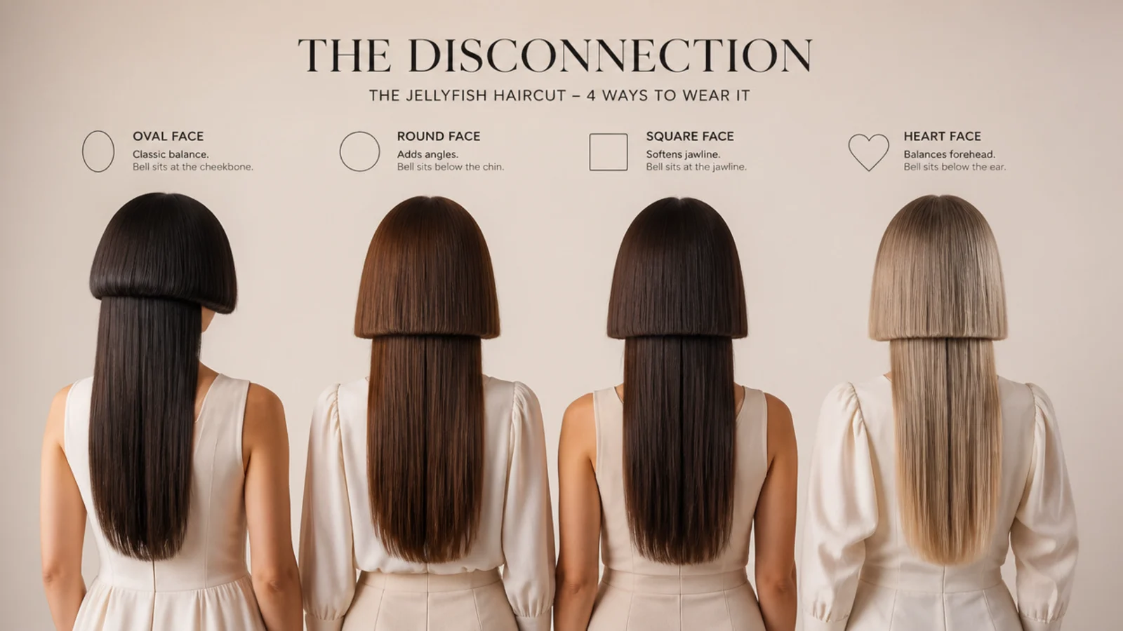 Four face shapes compared for a jellyfish haircut showing oval, round, square and heart with different bell heights