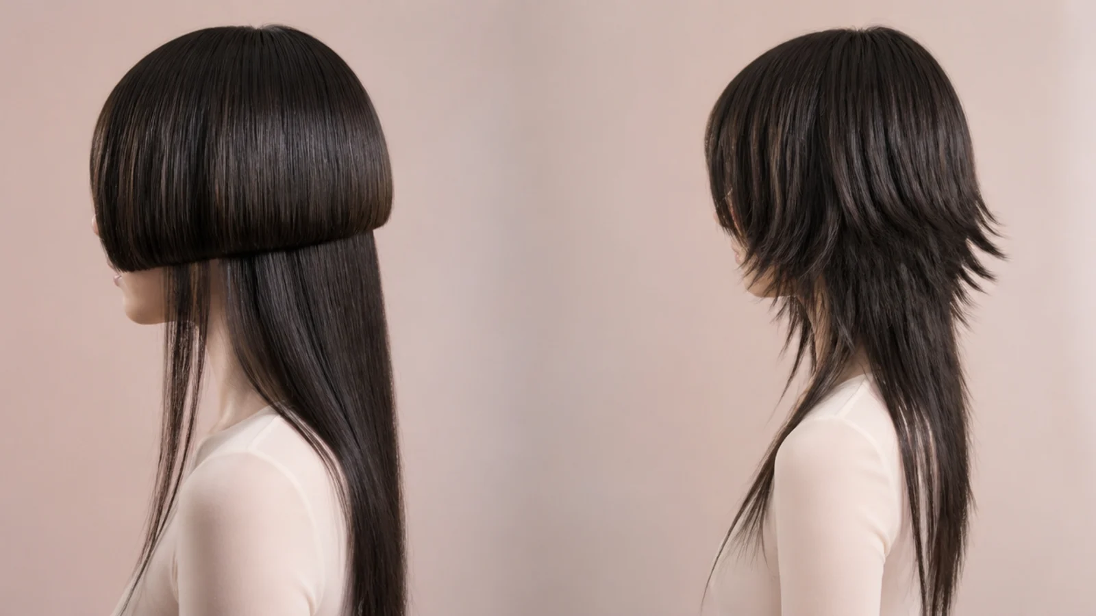 Fine straight hair compared in a blunt jellyfish bell and a thinned out wolf cut