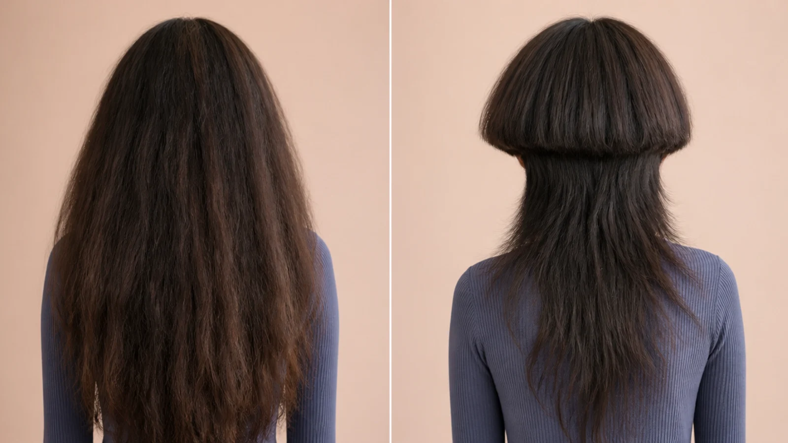 Thick coarse hair compared in a wide jellyfish bell and a weight-removed wolf cut